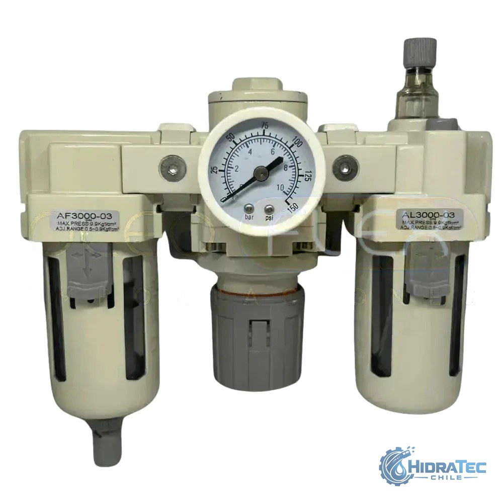 FILTRO REGULADOR Y LUBRICADOR (FRL) CONEX 1/2 NPT 4000 LPM 7-125 PSI — HidraTec Chile
