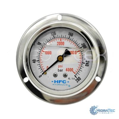 MANOMETRO C/GLIC. INOX/BR. DIAM. 63MM/2.5" CONEXION 1/4 NPT POSTERIOR CLAMP RANGO 0-280BAR/4000PSI — HidraTec Chile
