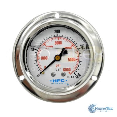MANOMETRO C/GLIC. INOX/BR. DIAM. 63MM/2.5" CONEXION 1/4 NPT POSTERIOR CLAMP RANGO 0-400BAR/6000PSI — HidraTec Chile