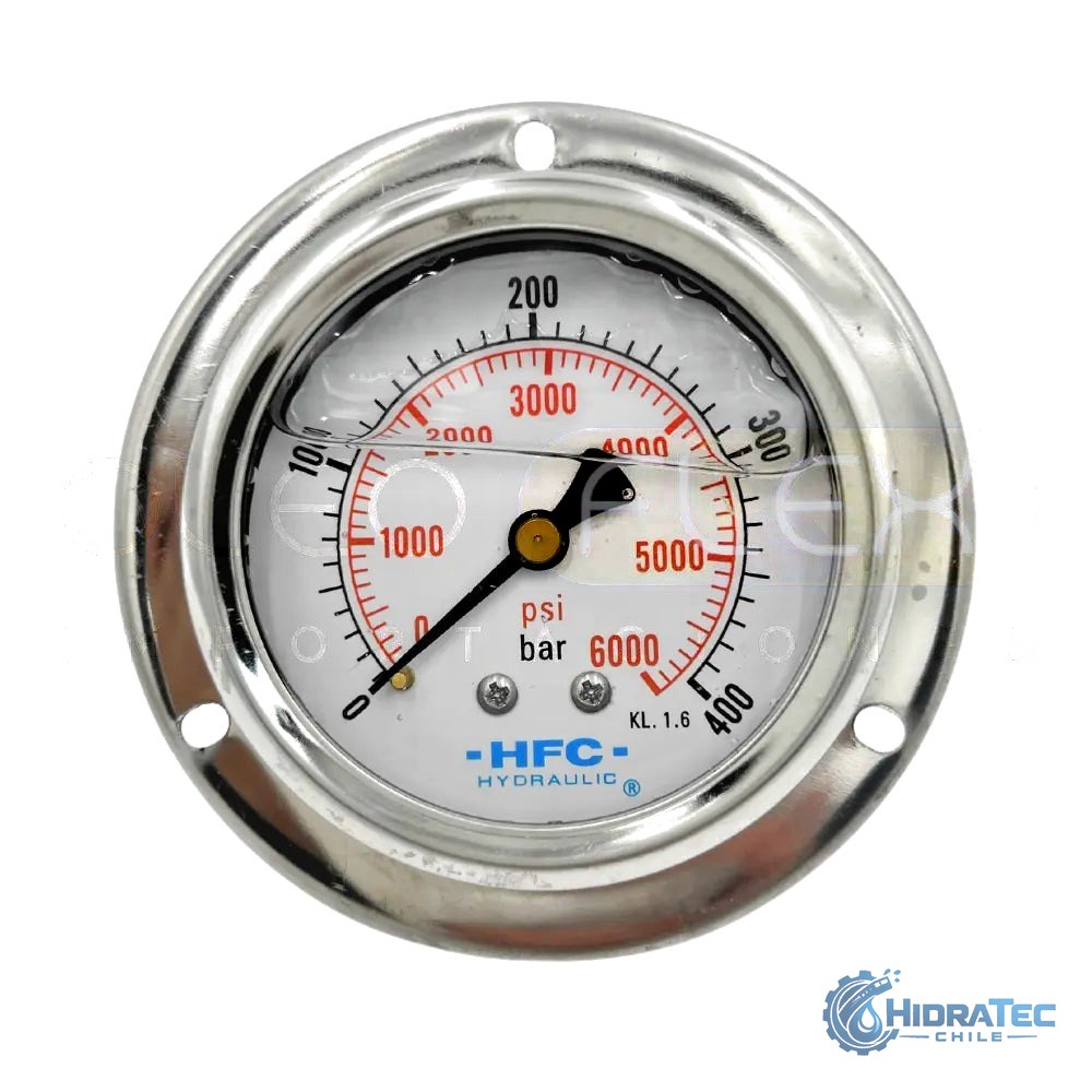 MANOMETRO C/GLIC. INOX/BR. DIAM. 63MM/2.5" CONEXION 1/4 NPT POSTERIOR CLAMP RANGO 0-400BAR/6000PSI — HidraTec Chile