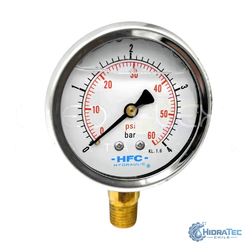 MANOMETRO C/GLIC. INOX/BR. DIAM. 63MM/2.5" CONEXION 1/4 NPT INFERIOR RANGO 0-4BAR/60PSI — HidraTec Chile