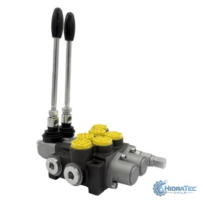 VALVULA DIRECCIONAL MANUAL BLOCK DE 2 PALANCAS 40 LPM PT 1/2 BSP X AB 1/2 BSP 250BAR 4V-3P MOD. P40-2-O — HidraTec Chile