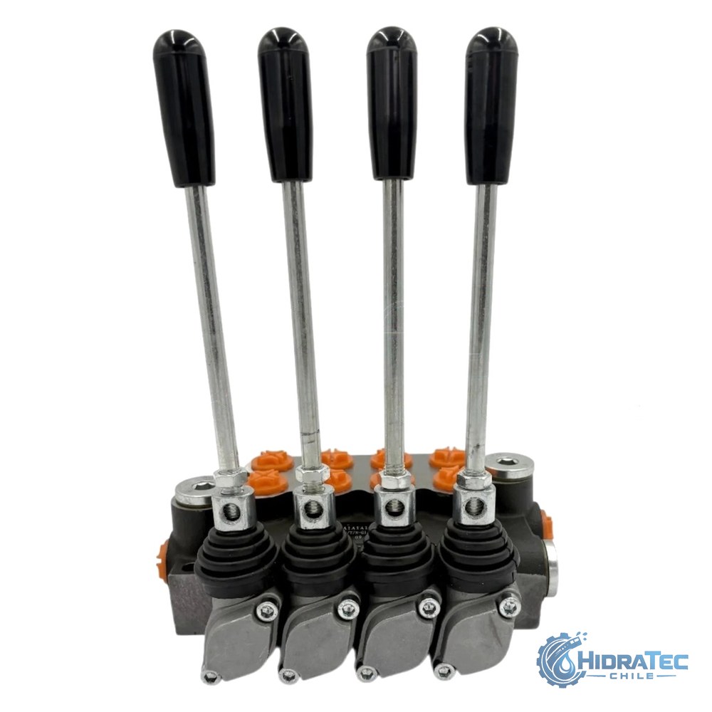 VALVULA DIRECCIONAL MANUAL BLOCK DE 4 PALANCAS 40 LPM PT 1/2 BSP X AB 1/2 BSP 250BAR 4V-3P MOD. P40-4-O — HidraTec Chile