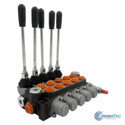 VALVULA DIRECCIONAL MANUAL BLOCK DE 5 PALANCAS 40 LPM PT 1/2 BSP X AB 1/2 BSP 250BAR 4V-3P MOD. P40-5-O — HidraTec Chile