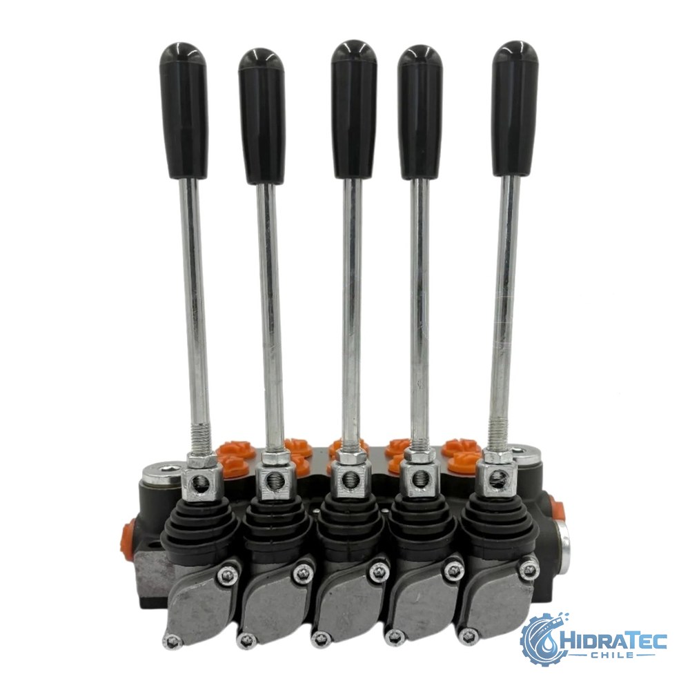VALVULA DIRECCIONAL MANUAL BLOCK DE 5 PALANCAS 40 LPM PT 1/2 BSP X AB 1/2 BSP 250BAR 4V-3P MOD. P40-5-O — HidraTec Chile