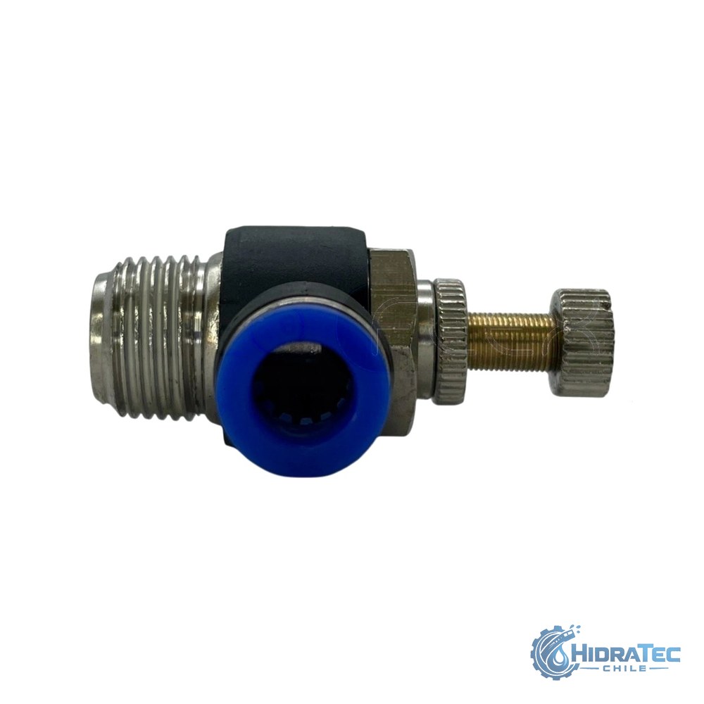 VALVULA REGULADORA DE FLUJO CODO TUBO 10MM HILO MACHO 1/4 NPT — HidraTec Chile