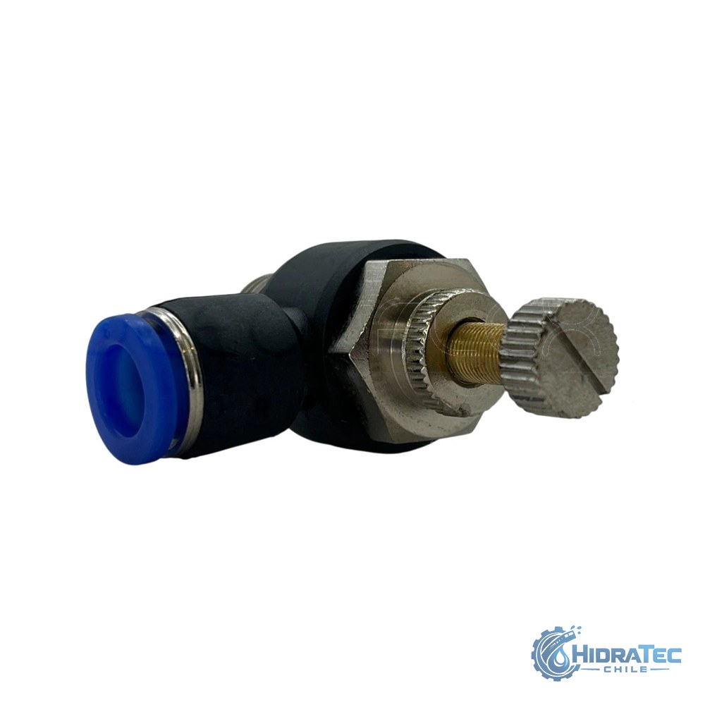 VALVULA REGULADORA DE FLUJO CODO TUBO 10MM HILO MACHO 1/4 NPT — HidraTec Chile