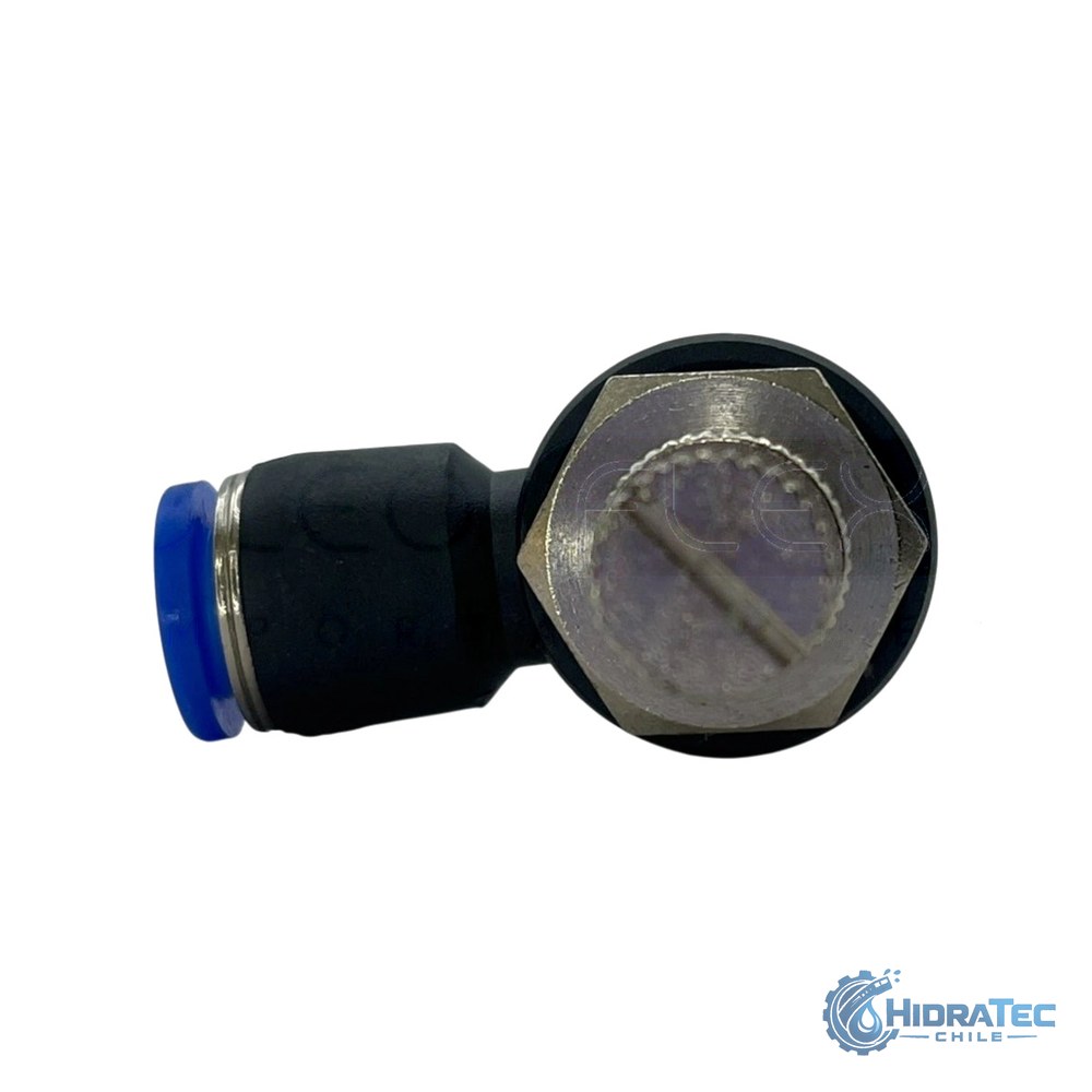VALVULA REGULADORA DE FLUJO CODO TUBO 6MM HILO MACHO 1/4 NPT — HidraTec Chile